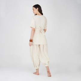 AKISO women Chakra Yoga Set Of 2 (Top & Pants) 100% Cotton Long Kurta Type Top Mid Waist Pants Elasticised Back Relaxed Fit | Size : S White