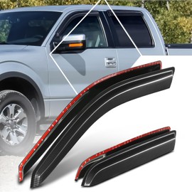 PM PERFORMOTOR 4Pcs Side Window Visors Deflector Compatible with 2009 2010 2011 2012 2013 2014 Ford F-150 Crew Cab, Carbon Fiber Pattern Style, Black (Tape-On)