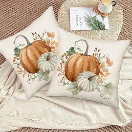 Fall Pumpkin Pillow Covers 18x18 Inch Set of 2 Cute Fall Decoration Green Orange Pumpkins Leaves Autumn Harvest Decorative Throw Pillows Thanksgiving Farmhouse Decor Cushion Case for Sofa Couch