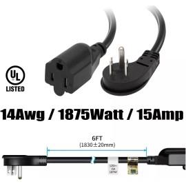 FIRMERST 6 Feet Heavy Duty Black Power Cord 14 Awg 15A Flat Plug Extension Cable