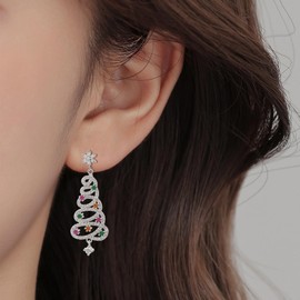 LAXPICOL Christmas Tree Earrings With S925 Sterling Silver Post, Shiny Silver Christmas Earrings For Women, Color Cubic Zirconia Christmas Earrings Jewelry Gift For Women/Teen Girls(Silver)