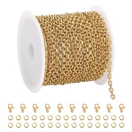 SMYHTGLIF - Rollo de cadena de acero inoxidable de 5 metros, cadena dorada para hacer joyas, cadena de manualidades con cierres de langosta y anillos abiertos para hacer joyas