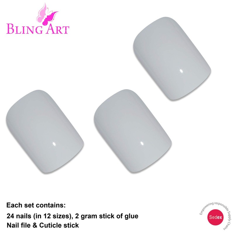 False Nails Bling Art White Polished French Squoval 24 Fake