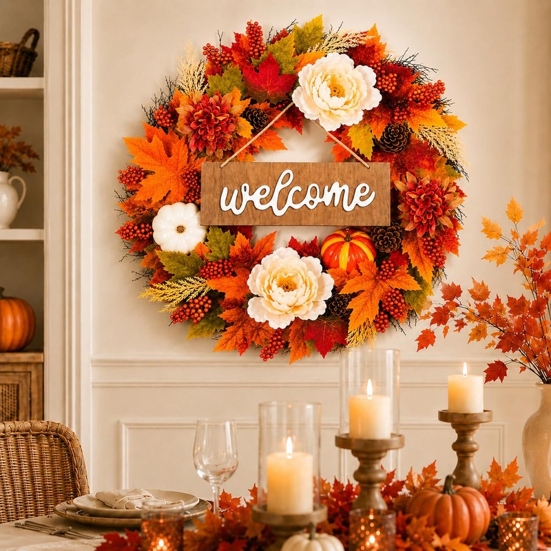 Fall Wreath for Front Door, 24 Inch Artificial Autumn Door