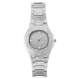 HALUKAKAH Diamonds Gold Watch Iced Out, Men's Platinum White Gold Plated Quartz Wristband 24cm Oval Dial, Comes with Gift Box