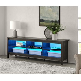 WAMapat LED TV Stand for 75 Inch TV, Modern Entertainment Center Console Table with Blue LED Light & 6 Cubbies, Living Room, Bedroom, Office, Black
