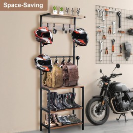 DOLEMODUO Motorcycle Helmet Holder, Floor Mounted Stand Helmet Holder with 4 Helmet Rack, 4 Glove Chips and 4 Hooks, Rustic Motorcycle Helmet Rack for Motorcycle