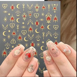 Tisaindor 9 Sheets Gold Nail Art Stickers, Sun Moon Stars Heart Butterfly Bow Flower Nail Sticker Design, 3D Gold Nail Stickers for Women Girls Manicure Charms Decorations, DIY Nail Art Decal