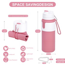 huoflame Collapsible Water Bottles for Travel - 26oz BPA-Free Foldable with Carabiner, Lightweight Leak-Proof Design, Portable Reusable Bottle for Hiking, Airplane, Camping (Pink)