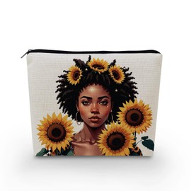YULUENZE African American Lady Makeup Bag Cute Small Canvas Organizer Bag with Zipper Sunflower Black Woman Cosmetic Bag Aesthetic Birthday Present for Women Sisters Friends