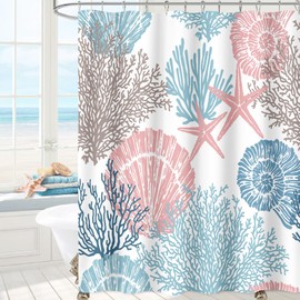MAYZUS Nautical Coastal Shower Curtain 60x72, Blue Pink Beach Ocean Theme Shower Curtain for Bathroom Decor, Summer Tropical Seashell Starfish Coral Fabric Shower Curtain Set with Hooks