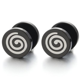 2pcs Steel Black Circle Spiral Stud Earrings for Mens Women, Cheater Fake Ear Plugs Gauges Tunnel