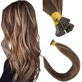Sunny Remy I Tip Hair Extensions Human Hair Dark Borwn Highlight Caramel Blonde Stick Tip Human Hair Extensions Silky Straight Real Human Hair Extensions Itips 16inch 0.5g/s 50gram/pack