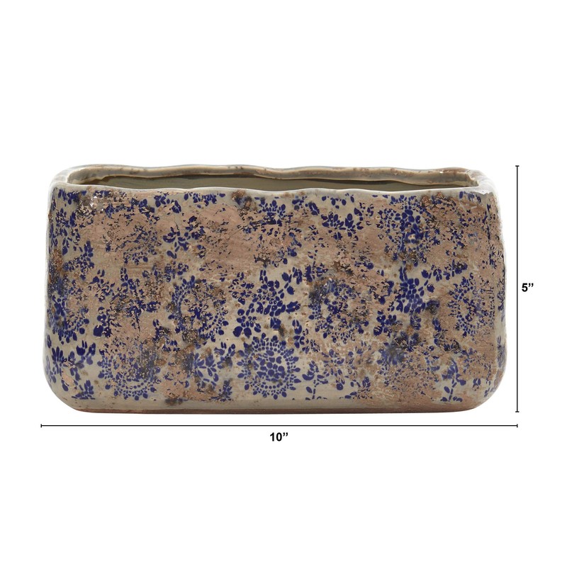 Nearly Natural 10in. Tuscan Ceramic Rectangle Planter, Blue