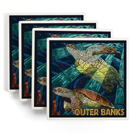 Outer Banks, North Carolina, Sea Turtle Mosaic (Absorbent Ceramic Coasters Set of 4 Matching Images, Cork Back, Kitchen Table Decor)