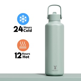 Meoky Stainless Steel Water Bottle: 710ml Insulated Water Bottle with Straw and Flip Lid - Keeps Cold 24 Hours for School Bag - Teenagers Commuters, Sage