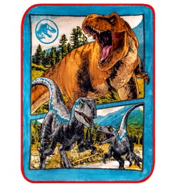 Jurassic World Dominion Blue Velociraptor and Rexy T-Rex Super Soft Plush Micro Raschel Blanket, 46 Inches x 60 Inches, Bedding by Franco Kids