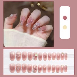 French Tip False Nails - 24pcs Press On Nails Long - Ice-Soaked Blush Camellia False Nails With Glue Long Coffin Shaped Elegant French Ballet Luxury Design Fake Nails