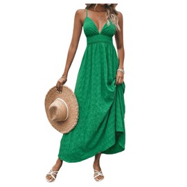 Milumia Women's Summer Smocked Cami Maxi Dress Boho V Neck Spaghetti Strap A Line Flowy Beach Long Sundress Green Medium
