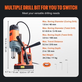 VEVOR Magnetic Drill，Portable Electric Magnetic Drill 1450W 1.57" Boring Diameter 12500N 850 RPM for Home Improvement and Industrial Use:_Core Drill 1-Piece