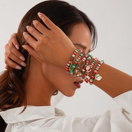Christmas Bracelets Women Christmas Bracelets Bulk Heishi Clay Bead Bracelet Set Snowman Bell Christmas Tree Bracelets Cute Xmas Bracelets Christmas Stretch Bracelets Christmas Decorations Gifts-Xms 6pcs