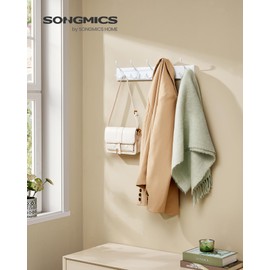 SONGMICS Wall-Mounted Coat Rack, Hook Rack, 5 Metal Tri-Hooks, for Coats, Bags, Keys, in The Entryway, Bedroom, Living Room, Pre-Assembled, Cloud White ULHR305W01