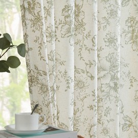 jinchan Linen Floral Curtains 96 Inch Length for Living Room Bedroom Light Filtering Farmhouse Peony Flower Drapes Rustic Window Curtain Set Rod Pocket Back Tab 2 Panels Green