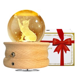 HABOWN Crystal Ball Music Box, 360° Rotating Wooden Music Box with Light, Birthday Gift, Projection Function with Lighting, LED Moon Lamp, Anniversary, Valentine's Day Gift (Cute Cat)