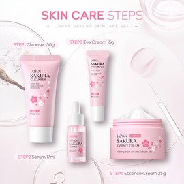 LAIKOU SkinCare Gift Set, JAPAN SAKURA Skin Care Sets & Kits with Cleanser, Face Serum, Eye Cream, Face Cream-Facial Gift Kit for Women/Teenage Girls Mom Daughter Birthday TSA-friendly Sizes 4pcs