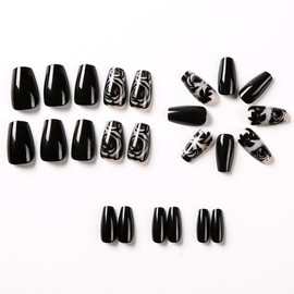 Black False Nails Short - 24Pcs Elegant Rose Press on Nails - Gothic Stick on nails - Fake Nails with Glue and Sticker - Full Cover Coffin Nail Tips Long Lasting for DIY Manicure