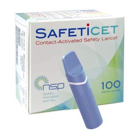 Contact-Activated Safety Lancet Blue 100 Units. Needle Size 21G. Penetration Depth 2.50 mm. Volume: High