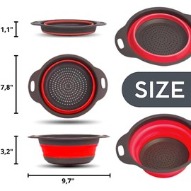Red Round Silicone Collapsible Colander – Silicone Round Kitchen Strainers with Plastic Handles Foldable Kitchen Strainer Small Perfect for Draining Pasta Vegetable and Fruit