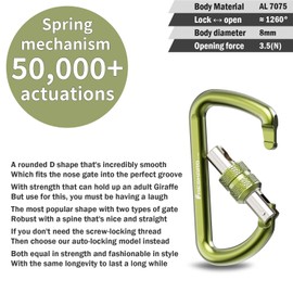 FresKaro Carabiner Clip Heavy Duty, Strong 12kN Screw-gate Aluminum Carabina, Locking Karabiner Hooks, 3 Inch, Lightweight, Lockable for Dog Lead, Hammocks, Swing, Camping, Key, D-Shaped, 3Pack Green