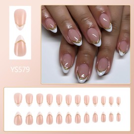 Gilded Striped French Fake Nails,Drop Fake Nails,Glossy Fake Nails with Glue,Comfortable Fit Stick on Nails,Long Lasting False Nails Nude Pink, Full Cover French Tip for Women and Girls Nail Manicure