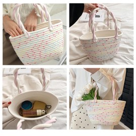 Shwekyung Handcrafted twisted cotton linen weave handbag for women，Shoulder bag，Outdoor picnic and camping (Colorful stripes)