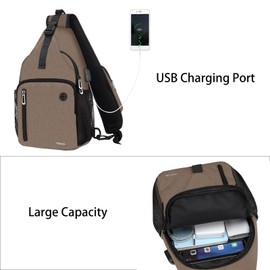 MOSISO Sling Backpack Bag, Crossbody Shoulder Bag Travel Hiking Daypack Chest Bag with Front Square Pocket&USB Charging Port, Brown