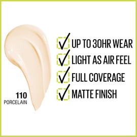 Maybelline Base de Maquillaje Larga Duracion, Superstay Full Coverage, Tono 110 Porcelain 30 ml
