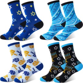 Cozypower 12 Pairs Hanukkah Crew Socks Novelty Holiday Christmas Hanukkah Crew Socks Blue Chanukah Hexagram Star Menorah Dreidel Pattern Socks for Men Women Funny Gifts Hanukkah Costume Supplies