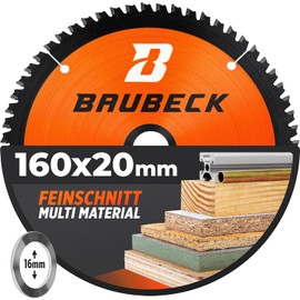 BAUBECK Saw Blade 160 x 20 with 16 mm Reducing Ring - Multi Material Fine Cut - Circular Saw Blade 160 x 20 for Wood, Aluminium, Metal and Many More - Circular Saw Blade 160 x 16