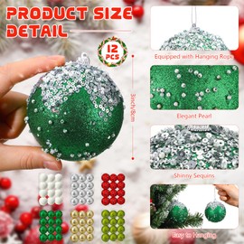 Vercraft 12 Pieces 3 Inch Christmas Ball Ornaments Glitter Sequin Balls Christmas Tree Balls Shatterproof Decorative Ball Xmas Bauble Set Xmas Hanging Ball for Christmas Holiday Decor (Green)