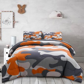 Holawakaka Twin Size Camouflage Bedding Comforter Set with Sheets, Boys Girls Men Camo Bed in A Bag 5 Pieces,Kids Teens Dorm Bed Sets Neutral Farmhouse Lodge Cabin Army Bedspread (Orange, Twin)