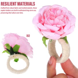 Flower Napkin Rings Set of 12 - Pink Peony Farmhouse Napkin Holder Rings Floral Table Decorations for Wedding Banquet, Fall, Luncheons, Picnics, Thanksgiving, Christmas Party and Daily Use