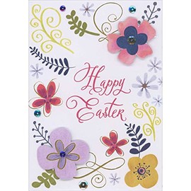 Designer Greetings Pink and Purple 3D Die Cut Flowers with Sequins Over Colorful Flowers and Vines on White Hand Decorated Easter Card
