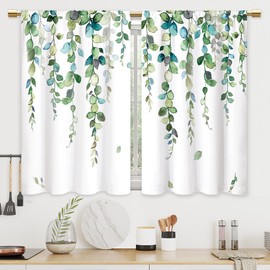 CINEKER Watercolor Sage Green Leaves Kitchen Curtains Leaf Vine Plant Bathroom Curtains Window Treatment Drapes Tier Botanical Cafe Smalll Bedroom Short French Door Curtains 2 Panels 27.5x39 Inch