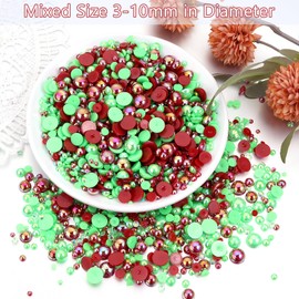 100g Flatback Pearls and Rhinestones，Mix 3-10mm Pearl Rhinestones for Crafts Tumblers Shoes Face Nail Art（Christmas Green Red）