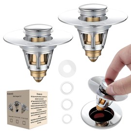 Universal 2 in 1 Bathroom Sink Stopper,Pop Up Sink Drain Stopper,Bathroom Sink Drain Strainer for 1.05-1.95" in U.S. Standard Drain Holes with Anti-Clogging Filter Basket Sink Drain Plug(Silver,2PCS)