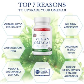 TAHIRO TAHIRO Vegan Omega-3 Softgels. Serving Size 1000mg Includes DPA, DHA & EPA Plant Based Supplement. Nutrients for Men, Women, Kids, and Pregnant Women (60 Count)