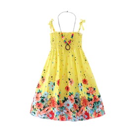 Flenwgo Girls Bohemian Dresses Floral Sleeveless Rainbow Beach Sundress with Necklace Flower Yellow US 11-12T