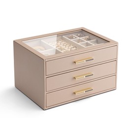Vlando 3-Drawer Jewelry Box with Glass Lid, Faux Leather Organizer for Rings, Earrings, Necklaces and More, Gift-Ready Jewelry Case for Women Girls or Moms, Latte
