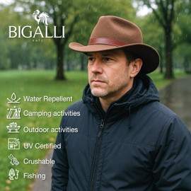 Bigalli Outback Hat 100% Wool Felt for Women/Men Teardrop with Faux LeatherCrushable Waterproof Teardrop Faux Leather | Wide Brim | Safari Fedora Cowboy Hat | Black Medium